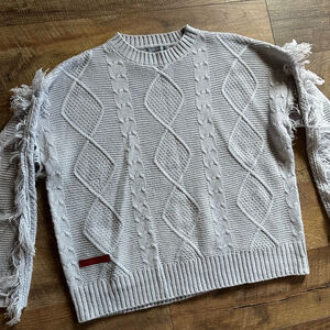 Women's Simply Southern Light Blue Cable Knit Fringe Sweater L